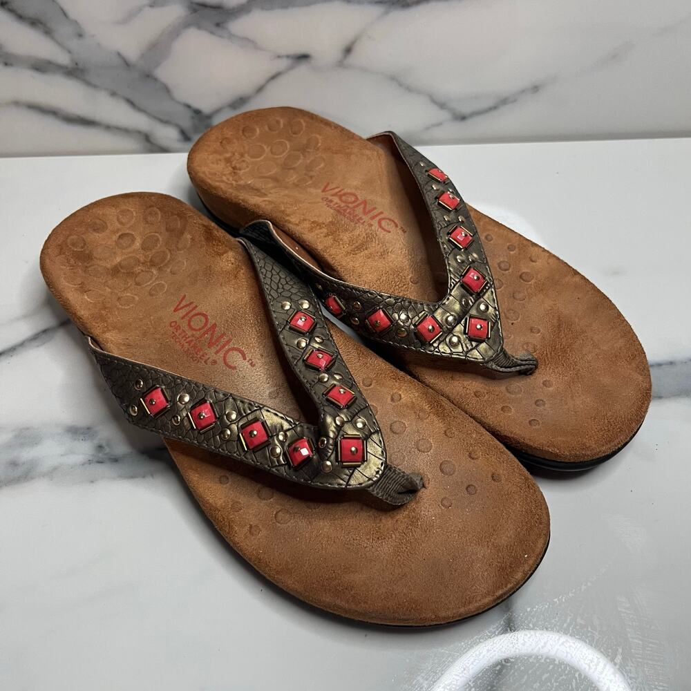 Vionic Women's Gold Orange Stone Beachy Thong Floriana Flip Flop Sandal Sz 8